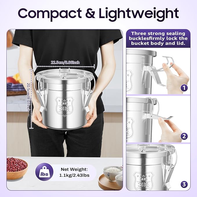 304 Stainless Steel Airtight Canister for Kitchen, 1.59Gal Canisters Container with Lids and Sturdy Locking Clamp,Bucket Food Storage Containers Airtight for Flour Coffee Bean Tea (6L)