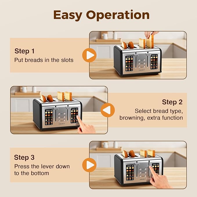 4 Slice Touch Screen Toaster, Stainless Steel Toaster with Wide Slots for Bagels and Bread, Reheat/Defrost/Cancel Functions, Removable Crumb Tray, Matt Black