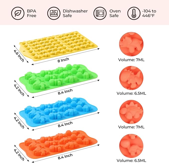 2 Sized Dinosaur Candy Molds Gummy Molds - Regular and Mini size Dinosaur Silicone Chocolate Molds Nonstick Set of 5 Including Triceratops T-Rex Stegosaurus Brontosaurus