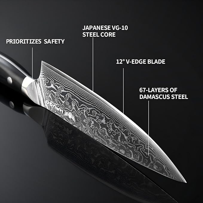 Damascus Knife Set - Haugo 3 PCS Professional Chef Knife Set with Japanese VG10 Steel Core - Ultra Sharp Kitchen Knives and Full Tang G10 Handle - Ronin Series - Gift Box