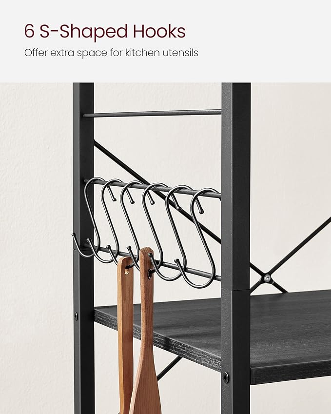 VASAGLE Kitchen Shelf on Wheels, Serving Cart with 3 Shelves, Kitchen Cart, Microwave Shelf, for Mini Oven, Toaster, with 6 Hooks, Industrial Stylee, Ebonized Oak Finish and Black UKKS060B42