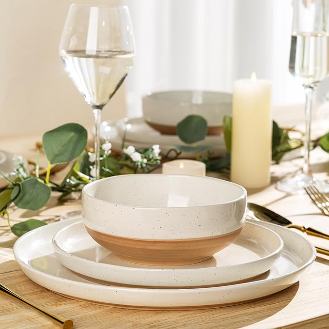 AmorArc Ceramic Dinnerware Sets with Pasta Bowls for 8, Handpainted Plates and Bowls Set with Rustic Terracotta Underside, Scratch Resistant Dishes Set, Dishwasher & Microwave Safe, 32 Pcs