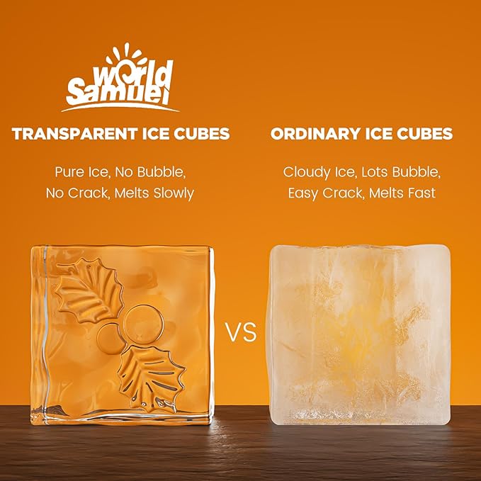 Samuelworld Clear Ice Cube Maker with Winter Design Silicone Inserts: 4 Extra Large 2 inch Clear Square Ice for Whiskey, 2025 Upgraded Crystal Ice Cube Mold - Ice Storage Bag