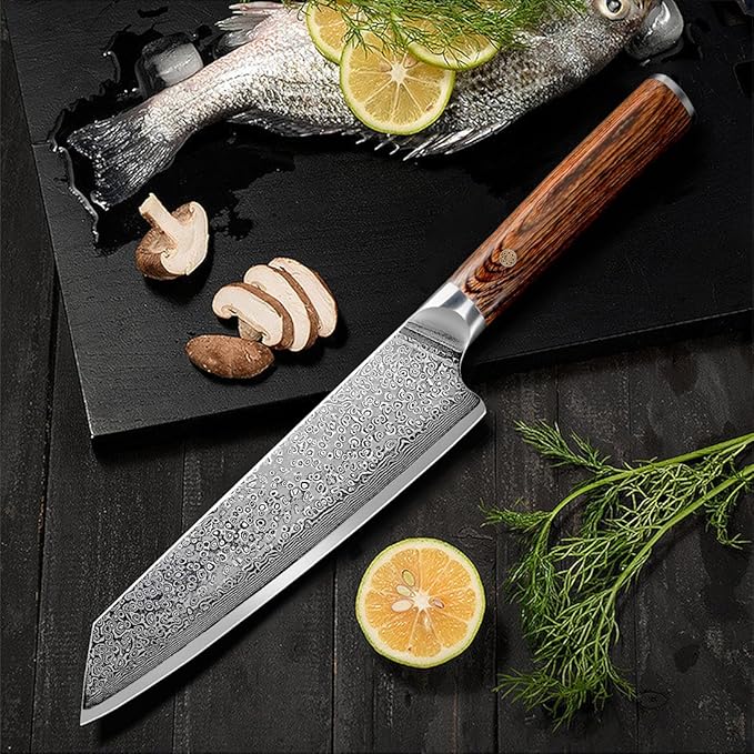 Ompusos Chef Knife 8 Inch, Super Sharp Pro Japanese Kitchen Knives, Damascus Chefs Knife VG-10 High Carbon Stainless Steel, Ergonomic Wooden Handle Cooking Knife, Gift Box for Family & Restaurant