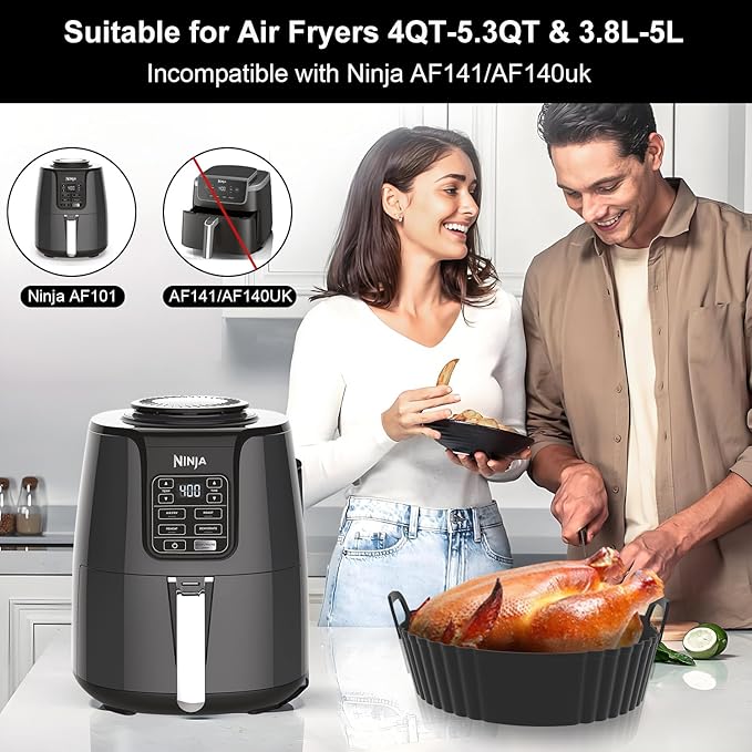 Round Silicone Air Fryer Liners 3Pack, Ninja AF101 & AF161 Silicone Liners for 4-5.3QT, Reusable Air Fryer Accessories Food Grade Liners, Compatible with Ninja, COSORI, Tefal, Bear, Chefman