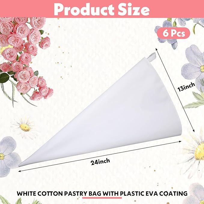 6 Pcs 24 Inch Pastry Bag Cotton with Plastic Coating Reusable Pastry Piping Bags Canvas Cake Decorating Bags Pastry Icing Bag Decorating Bags for Frosting Decorating Cupcakes Cakes Cookies