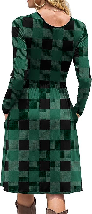 DB MOON Women Casual Long Sleeve Dresses Empire Waist Knee Length Loose Dress with Pockets