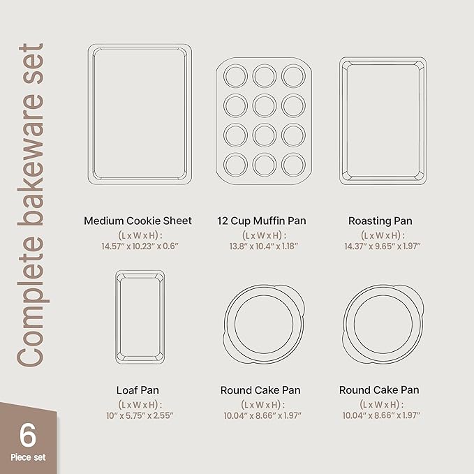 BAKKEN 6-Piece Kitchen Baking Pan Set - Commercial Grade Carbon Steel Bakeware, With Nonstick Coating, Stackable and Space-saving Design, PFOA, PFOS, PTFE Free, Oven Safe Tray (Up To 450°F), Brown
