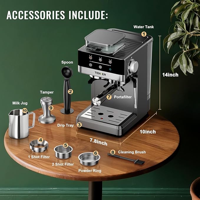 TENKER Espresso Machine with Grinder, 20 Bar Coffee Machine with Milk Frother for Home, All-in-One Stainless Steel Coffee Maker to Make Latte, Cappuccino, Hot or Cold Brew Iced Coffee