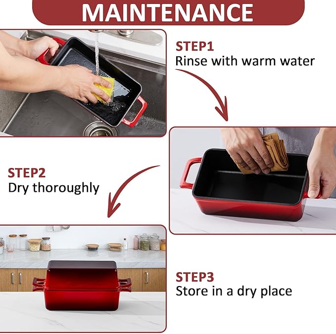 Leonyo 9 x 6 inch Cast Iron Loaf Pan with Lid, 2-in-1 Enameled Sourdough Baking Pan, Homemade Bread Dutch Oven for Pound Cake, Lasagna, Up to 500℉ & Red