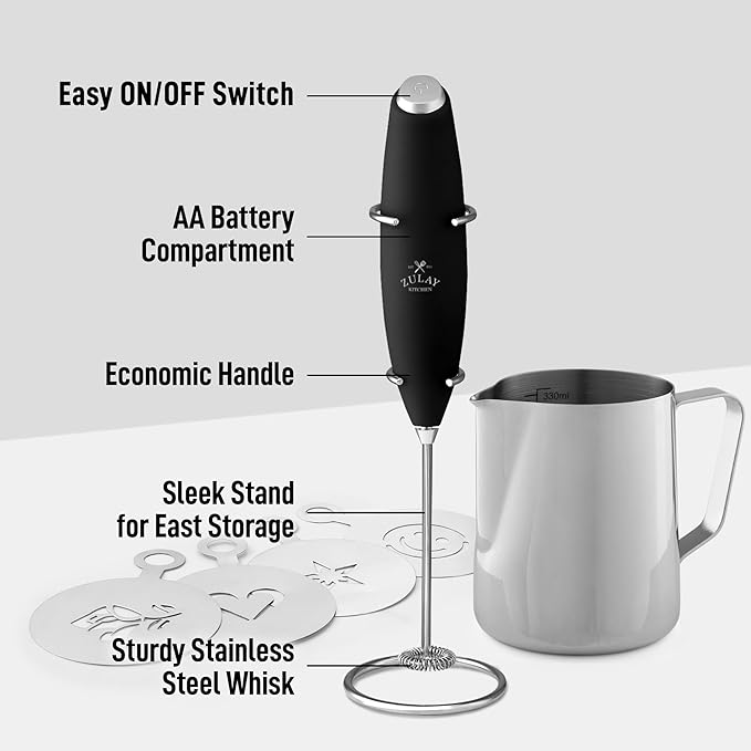 Zulay Kitchen Premium Gift Milk Frother Complete Set - Handheld Foam Maker, Stencils & Frothing Pitcher Set - Whisk Drink Mixer for Coffee - Mini Blender for Cappuccino, Frappe - Black