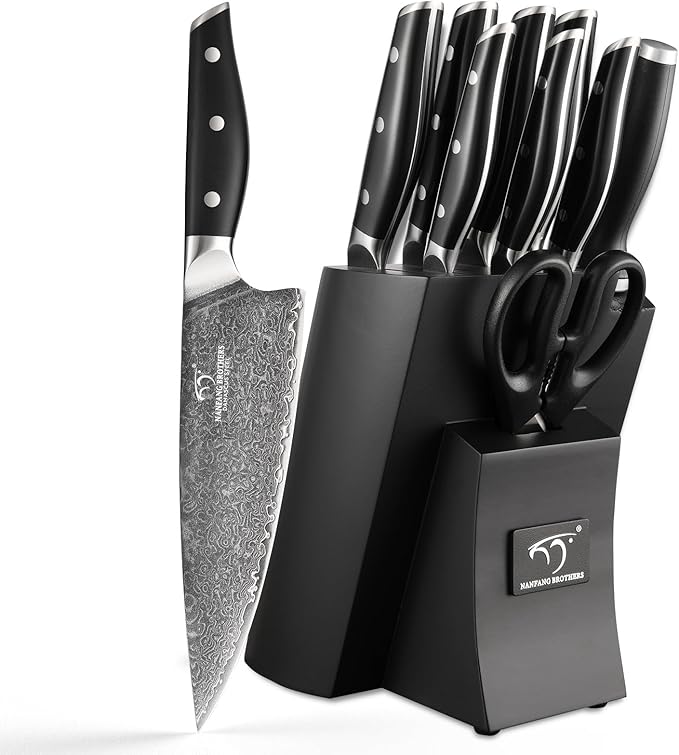 Damascus Knife Set with Block for Kitchen, VG10 Steel Chef Knife Set with Triple-Rivet Handles, Knife Sharpener, Natural Ash Wooden Knife Block, 10PCS