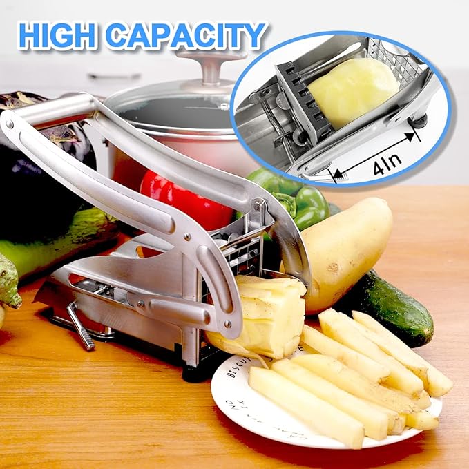 French Fry Cutter with 2 Blades, Professional Potato Cutter Stainless Steel, Potato Slicer French Fries, Press French Fries Cutter for Potato
