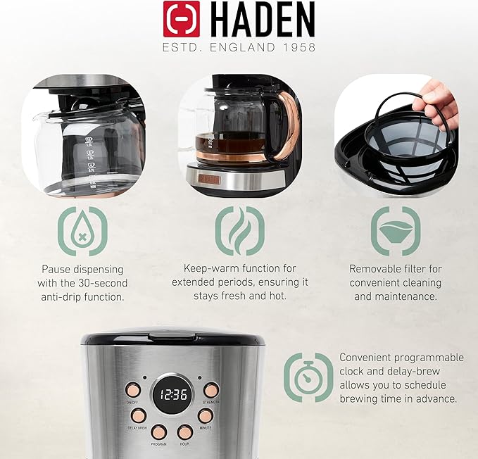 Haden Coffee Machine, 12 Cup Programmable Drip Coffee Maker with Auto Shut-Off Function and Reusable Washable Water Filter, Steel & Copper