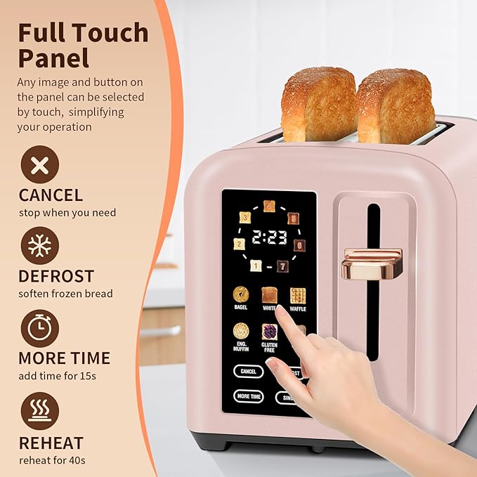 SEEDEEM Toaster 2 Slice, Touch Control Stainless Toaster LCD Display, 50% Faster Heating Speed, 1.4'' Wide Slots, More Timer Functions, Removable Crumb Tray, 1350W, Crystal Pink
