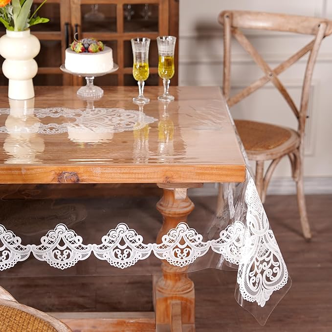 Clear Table Cover Protector Vinyl Table Cloth Rectangle Oil Spill Proof Vintage Rustic Plastic Table Covers for Dining Tables (White Lace, 60 x 84 Inches)