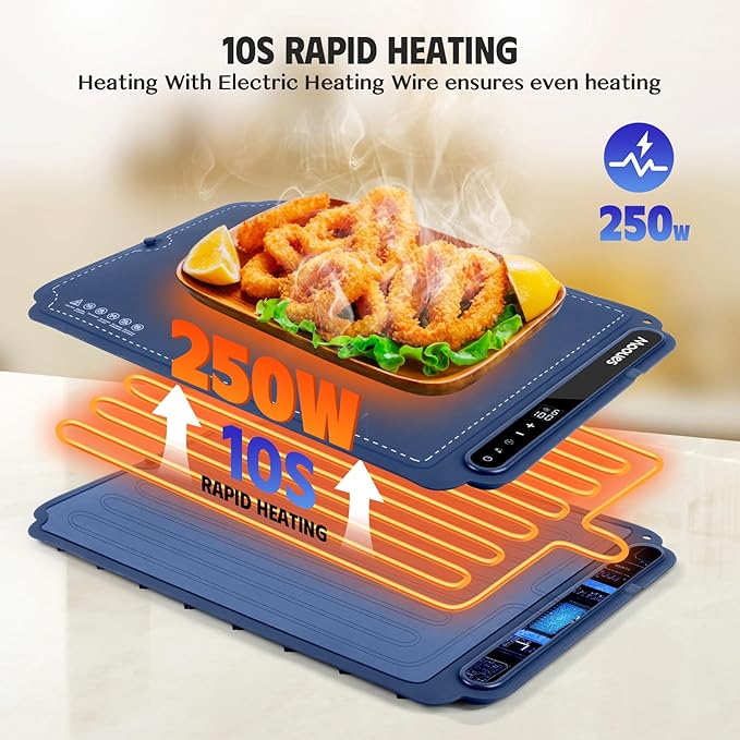 Electric Warming Tray, Portable Silicone Food Warming Mat, Versatile Full Surface Heating Food Warmer with 7 Level Temperature and 6 Hours Timer for Home Dinner, Parties and Buffets (Blue)