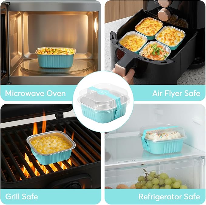 Ruckae 5oz 100 Pcs Square Mini Loaf Pans with Lids-Disposable Foil Dessert Containers,Mini Cake Pans with Lids,Aluminum Dessert Cups for Parties and Weddings (Light Blue, 5oz)