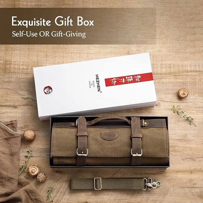 HEZHEN Chef Knife Roll Bag 16oz Oil Waxed Canvas, Heavy Duty Portable Backpack Knife Case Storage, 12 Slots & 2 Zipper Pockets, Detachable Adjustable Leather Shoulder Strap Belt（Not Included Knives）