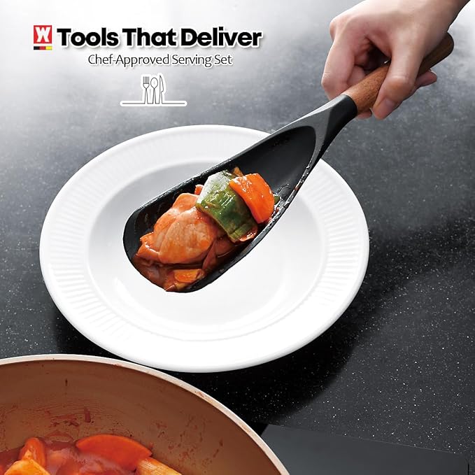Set of 2pc Silicone Cooking Utensils: Wooden Handle Cooking & Serving Spoon+ Multi-Purpose Cooking Spoon, Heat Resistant Cooking Utensil, BPA Free, Safe Material for All Cooking Surfaces