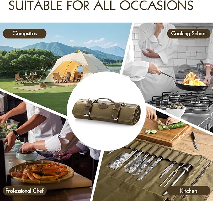 HEZHEN Chef Knife Roll Bag 16oz Oil Waxed Canvas, Heavy Duty Portable Backpack Knife Case Storage, 12 Slots & 2 Zipper Pockets, Detachable Adjustable Leather Shoulder Strap Belt（Not Included Knives）