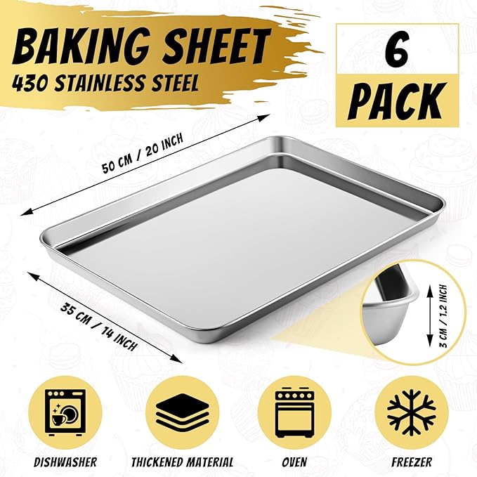 Mimorou 6 Pcs Baking Sheet Set Stainless Steel Cookie Sheet Cookie Baking Pan Bakeware Oven Tray Dishwasher Safe Commercial Grade Pans(20x14x1.2 Inch)