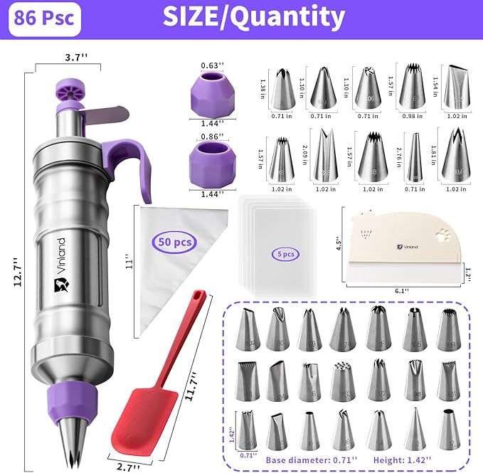 Dessert Decorating Syringe Set icing piping kit Stainless Steel frosting piping kit with 31 professional piping tips 50 disposable piping bags 1 silicone spatula 1 set of soft cake scrapers, Purple