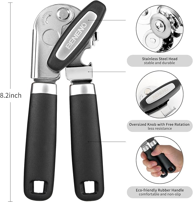 Beneno Heavy Duty Hand Can Opener Manual with Magnet, Durable Sharp Carbon Steel Blade Smooth Cutting, Big Effort-Saving Knob & Soft Grip Handle, Multifunctional Kitchen Tool with Bottle Opener, Black