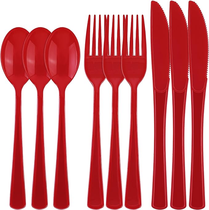 300 Pieces Christmas Red Plastic Silverware Heavy Duty Plastic Cutlery Set Heavyweight Disposable Flatware Includes Spoons Forks Knifes for Party Prom Night Wedding Dinner