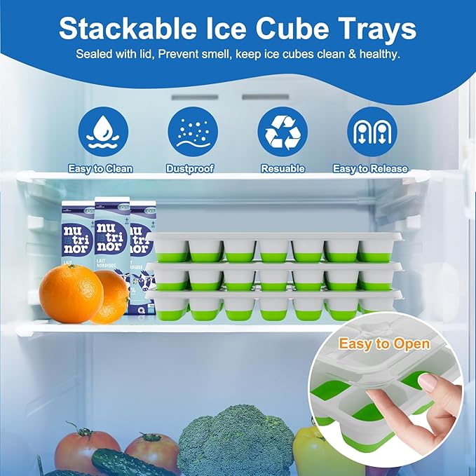 Ice Cube Tray, Ice Cube Trays for Freezer 3 Pack with Lids, Ice Tray Easy-Release, Ice Trays for Freezer Stackable, Silicone Ice Cube Tray for Drinks, Coffee - BPA-Free and Odor-Free
