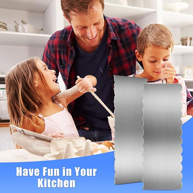 Geiserailie 4 Pieces Stainless Steel Cake Scraper Smoother Large Double Sided Patterned Edge Stripe 9 Inch Metal Cake Decorating Comb for Icing Mousse Butter Cream Decoration, 4 Styles
