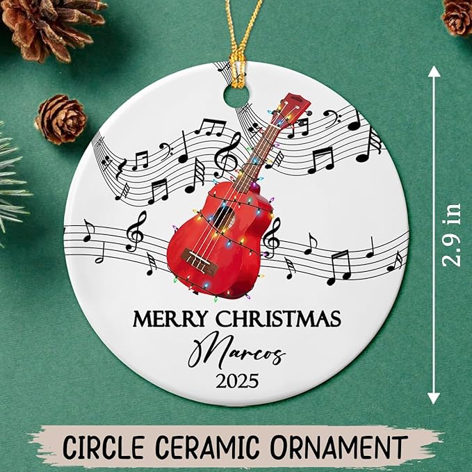 Custom Ukulele Musical Ceramic Xmas Tree Ornament with Name Text Year, Personalized Ukulele Instrument Ornaments Gift for Women Men Friends Husband Wife, Ukulelist Ukuleles Ceramic Christmas Ornament