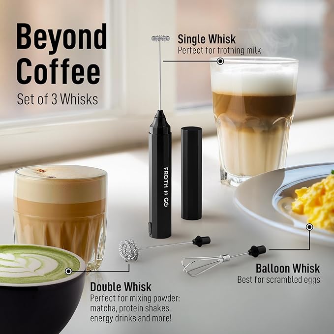 Zulay Froth N Go Milk Frother Rechargeable - 3-in-1 Frother Wand With Case & USB-C Charger - Comes With 3 Whisk Attachments for Latte, Cappuccino, Matcha, Protein Shakes - Black
