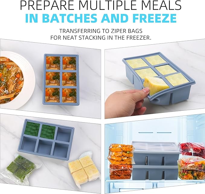 1/2 Cup Silicone Freezer Tray With Lid,Silicone Freezer Molds 3-Pack For meal prep & freezing of various sauces and other dishes, makes 18 perfect 1/2 cup portions cubes (Multicolor 3 Pack)