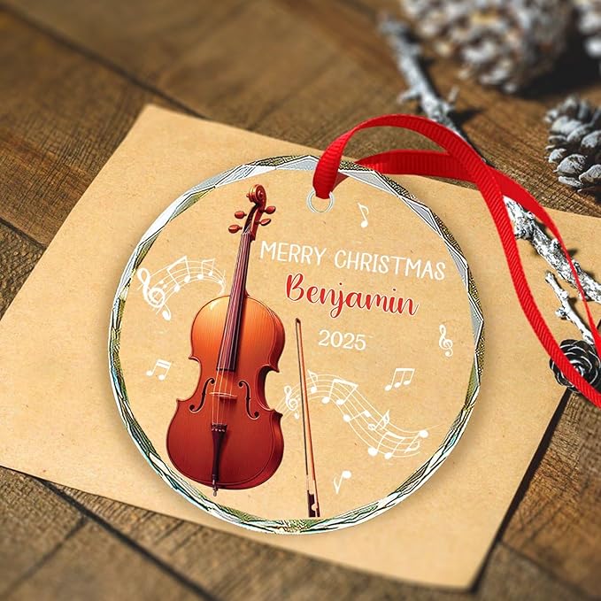 Cello Christmas Tree Glass Ornament, Personalized Text & Name Cello Musical Instrument Xmas Ornament Gifts for Musical Lover, Cellist Christmas Ornaments 2025, Custom Instrument Player Glass Keepsake
