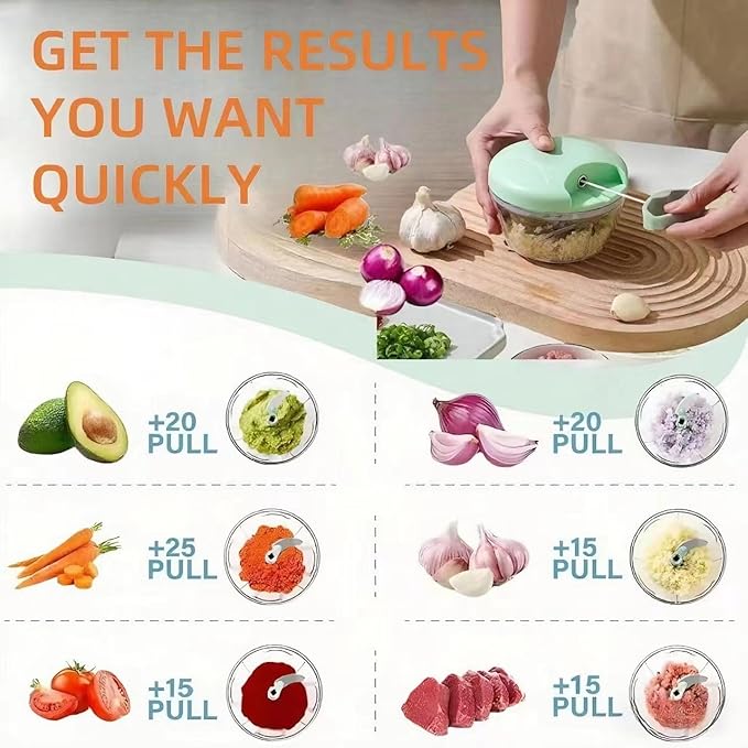 Manual Food Processor Vegetable Chopper,‌ Portable Hand Pull String Garlic Mincer Onion Cutter for Veggies, Suitable for Vegetables, Ginger, Garlic, Fruits, Onion, Potato, Salad (Green 500 ml)