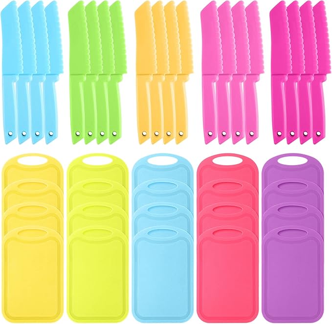 40 Pcs Kids Cutting Board and Knife Set Kids Plastic Safe Knives Toddler Cutting Board Colorful Toddler Cooking Utensils for Salad Fruit Vegetables