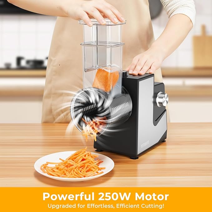FITNATE Electric Cheese Grater, 250W Electric Slicer Shredder Salad Maker with 5 Replaceable Stainless Blades, Kitchen Chopper Vegetable Cutter for Cheese, Fruits, Vegetables