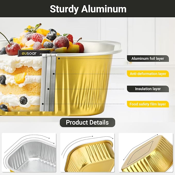 EUSOAR Baking Cups Aluminum Foil, 10oz 50pcs Reusable Disposable Ramekins Cupcake Cups with Lids, 300ml Square Muffin Liners, Desserts Flans, Creme Brulee Cups, Pudding Cups, Catering Party Favor-Gold