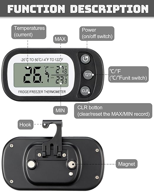 Frienda 8 Pack Black Digital Fridge Thermometer Waterproof Refrigerator and Freezer Room Max/min Record Function LCD Screen Refrigerator Thermometer with Hook and Magnetic Back for Home