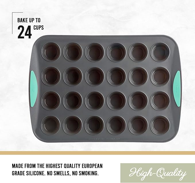 Trudeau 24-Cup Silicone Muffin Pan – Hybrid Non-Stick Bakeware with Steel Frame, Flexible Silicone with Hard Lining to Hold Shape, BPA-Free, Dishwasher Safe, Heat Safe to 428°F, Grey/Mint