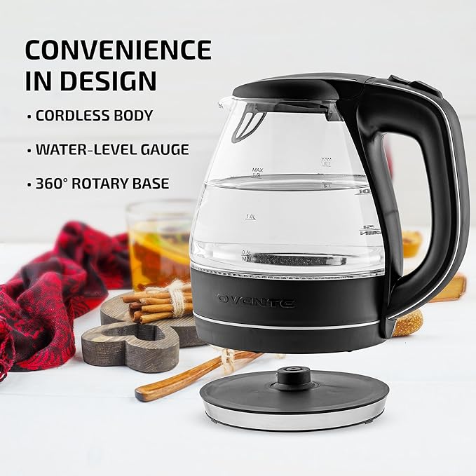 OVENTE Electric Kettle, 1.5L Borosilicate Glass Countertop Water Heater and Boiler for Coffee or Tea, BPA-Free, Auto Shut-Off, Boil-Dry Protection, Removable and Washable Spout Filter, Black KG83B