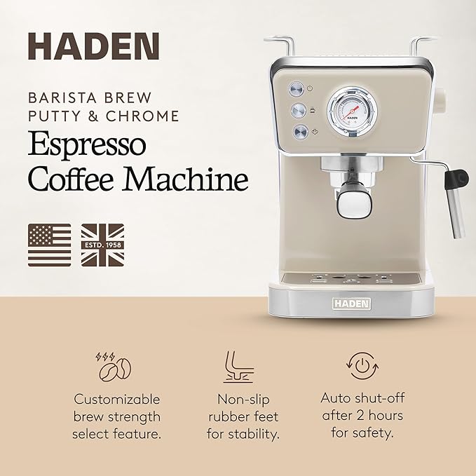 HADEN Barista Brew Espresso Coffee Machine, Stainless Steel Espresso Maker with Milk Frother and Steamer Function and 1.5L Water Tank, Putty & Copper