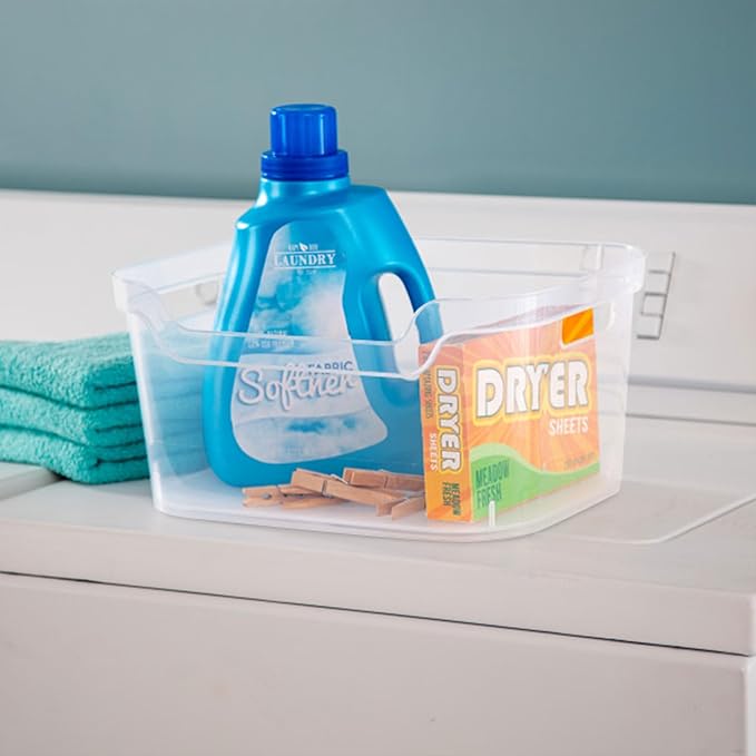 Sterilite 7 x 11 x 14.25 Inch Polished Open Scoop Front Storage Bin with Comfortable Carry Through Handles for Household Organization, Clear (24 Pack)