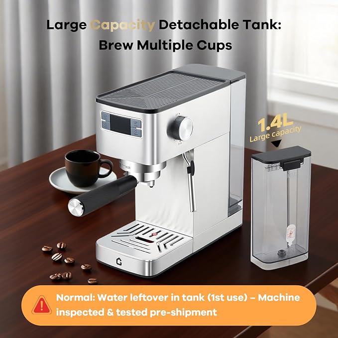 Garvee Compact 20 Bar Espresso Machine–Stainless Steel, Steam Milk Frother, Removable Tank for Cappuccino/Latte,(Silver)