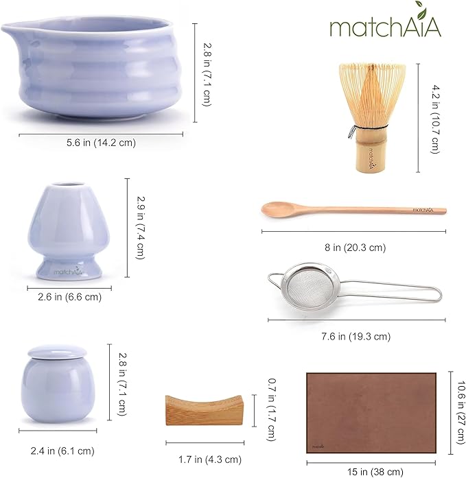 Matcha Whisk Set - Ceramic Bowl, Bamboo Whisk with Holder, Storage Canister, Sifter, Schima Spoon with Rest, Tea Towel - 8 Pcs Complete Kit for Traditional Matcha and Modern Lattes (Purple)