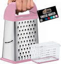 GORILLA GRIP 4-Sided 100% BPA-Free Cheese Grater With Container, Stainless Steel XL Box Graters, Parmesan Shredder, Grate Cheeses, Shred Veggies, Slip Resistant Handle, Dishwasher Safe Zester, Pink