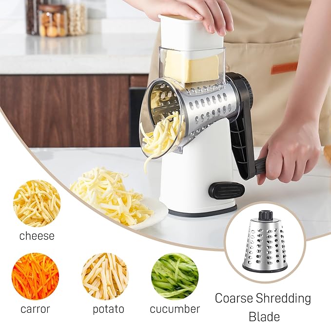 Rotary Cheese Graters with 4 Blades, Hand Crank Cheese Grater with Waffle Slicer, Red, Black and White Cheese Shredder with Suction Base, Easier for Shredding & Grating (White, 4 Graters)