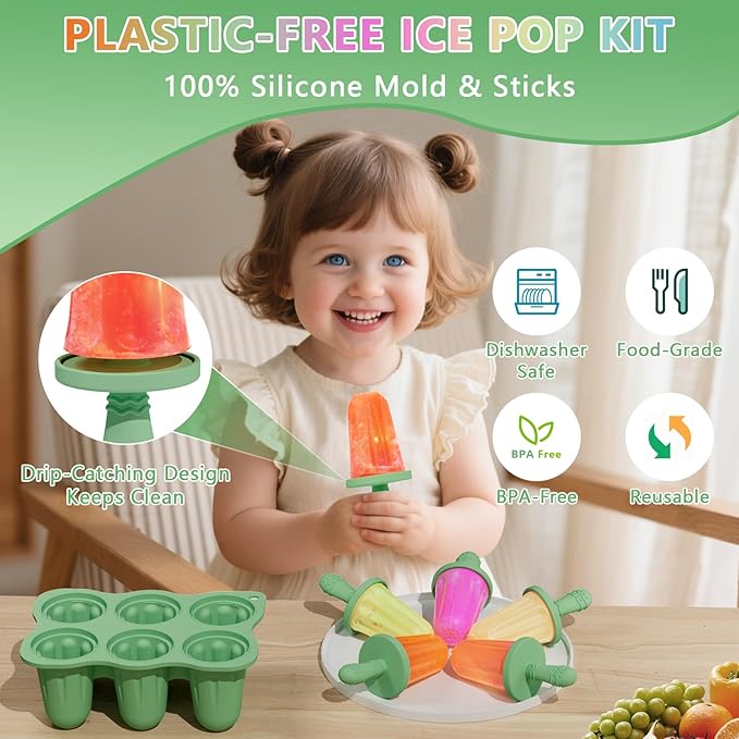 Silicone Popsicle Molds for Toddlers, 6-Cavity x 2oz Food-Grade Ice Pop Mold, Reusable DIY Fresh Fruitsicle Frozen Treats Maker (GREEN)