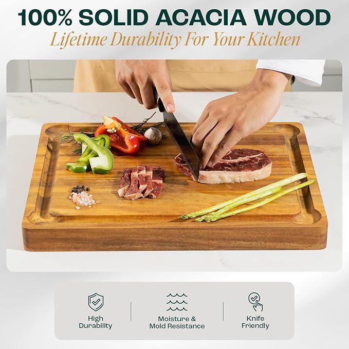 Yes4All Extra Large Acacia Wood Cutting Board for Kitchen, 24''L x 15''W x 1.5'' Thick, Durable Edge Grain Design with Juice Grooves, Pre-Oiled, Easy Grip Handle, Ideal for Chopping and Serving